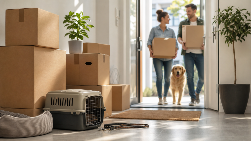 Gepackte Umzugskartons mit Transportbox und Hundeleine in einer hellen Wohnung