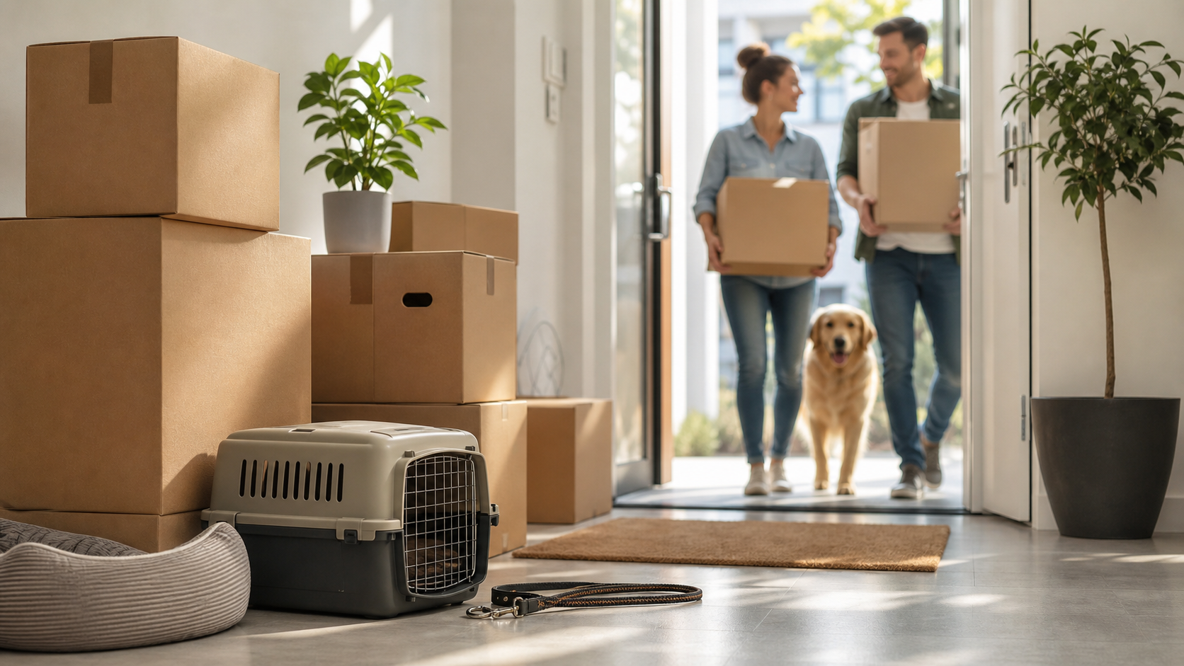 Gepackte Umzugskartons mit Transportbox und Hundeleine in einer hellen Wohnung