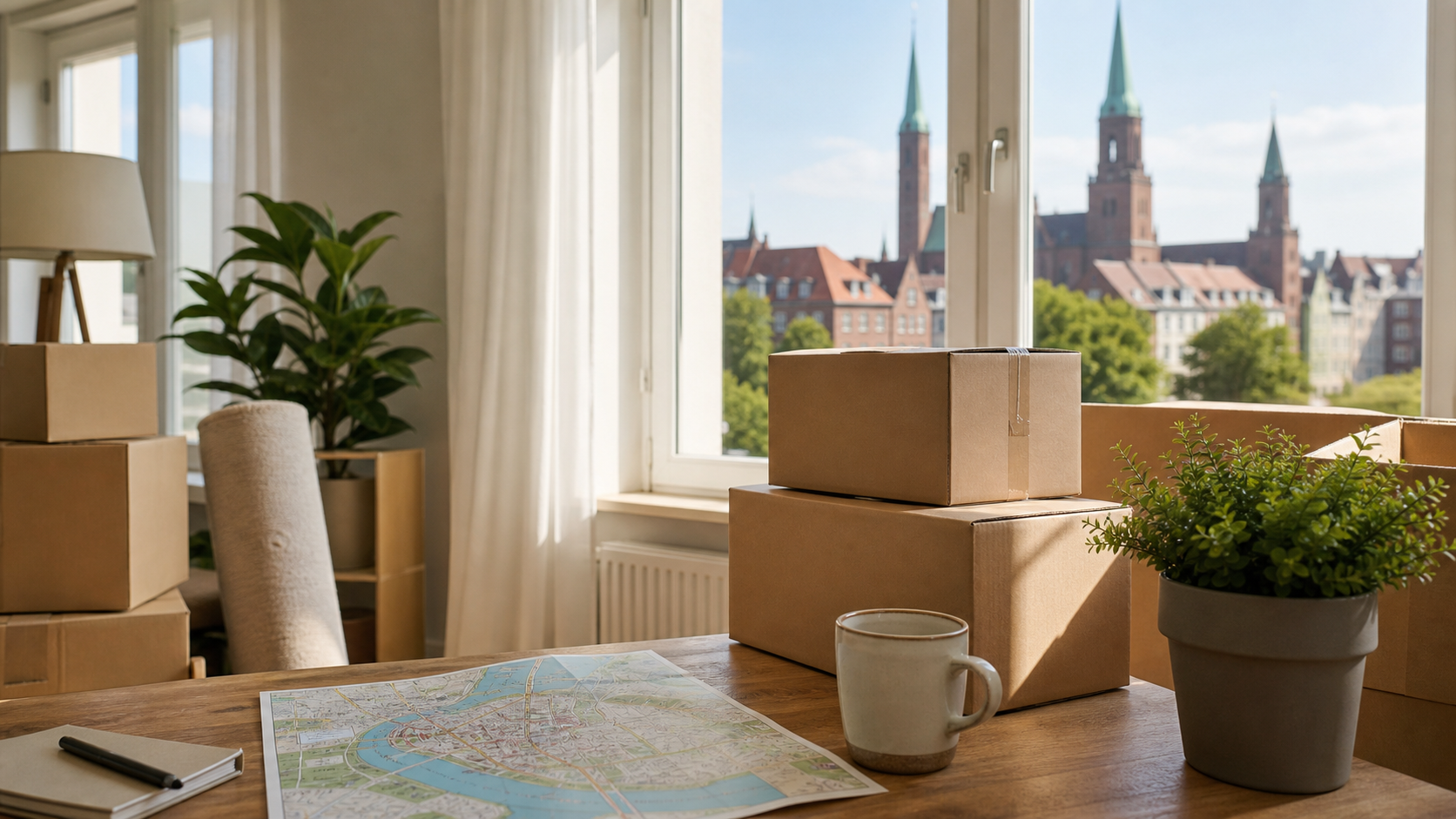 Umzugskartons und Stadtkarte in einer hellen Wohnung mit norddeutscher Architektur im Hintergrund