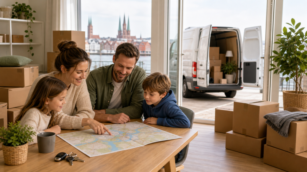 Beladener Umzugswagen auf der Strecke zwischen Lübeck und Hamburg bei klarer Tagesstimmung