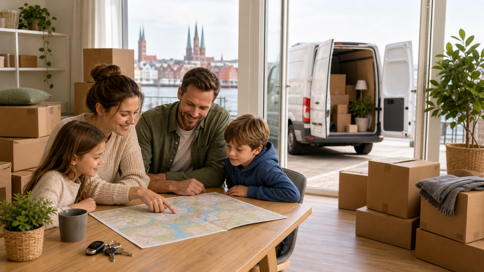 Beladener Umzugswagen auf der Strecke zwischen Lübeck und Hamburg bei klarer Tagesstimmung