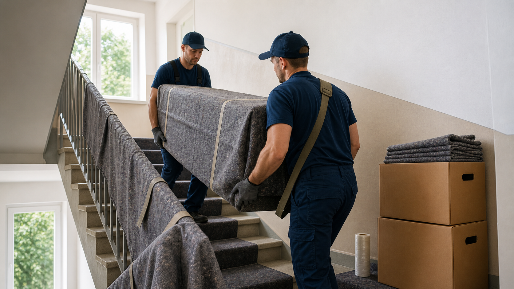 Geschütztes Treppenhaus mit Umzugskartons und professionell getragenem Möbelstück