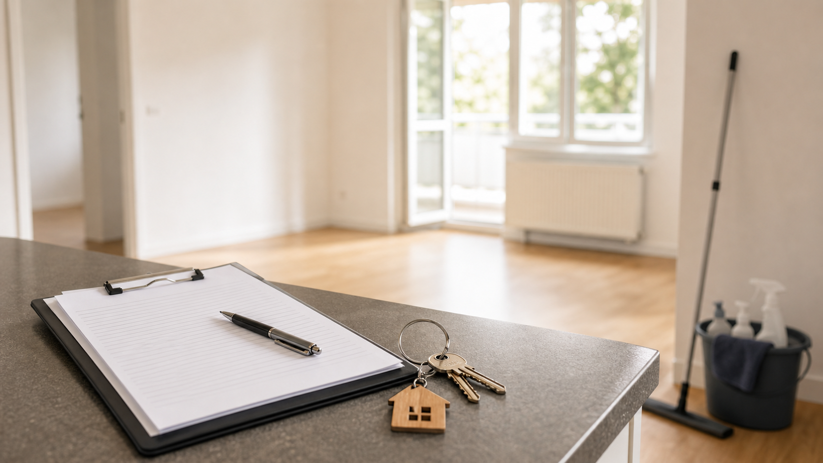 Leere gepflegte Wohnung mit Schlüsseln und Übergabeprotokoll auf einem Holztisch