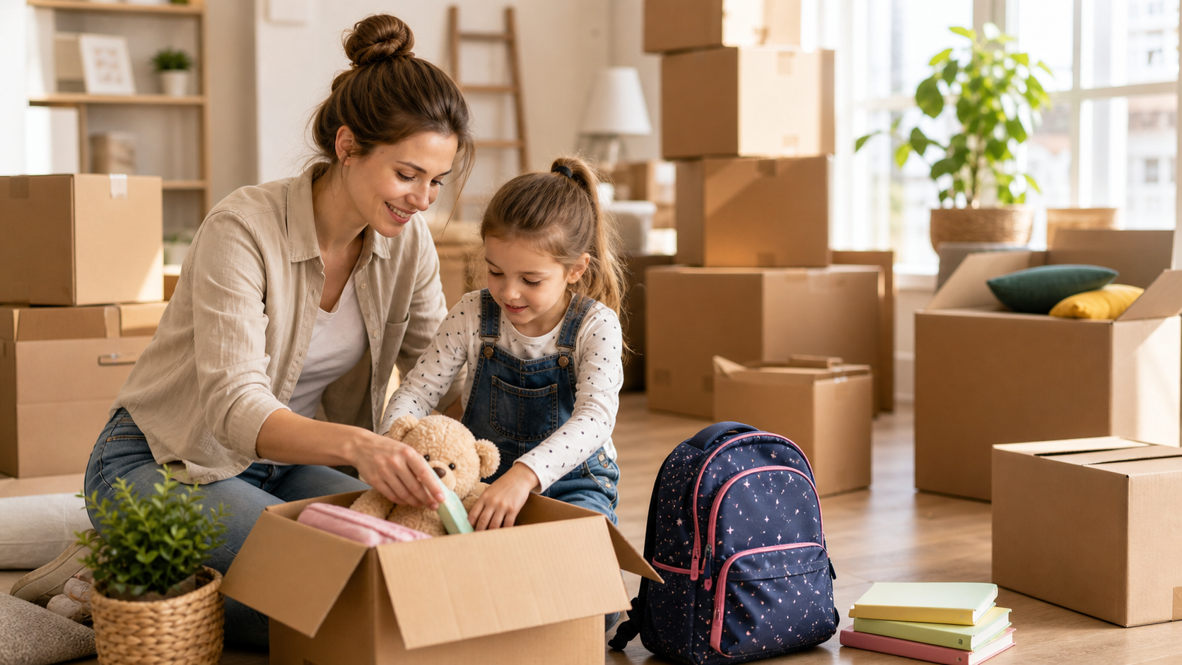 Familienfreundlich gepackte Umzugskartons mit Spielzeug in einer hellen Wohnung