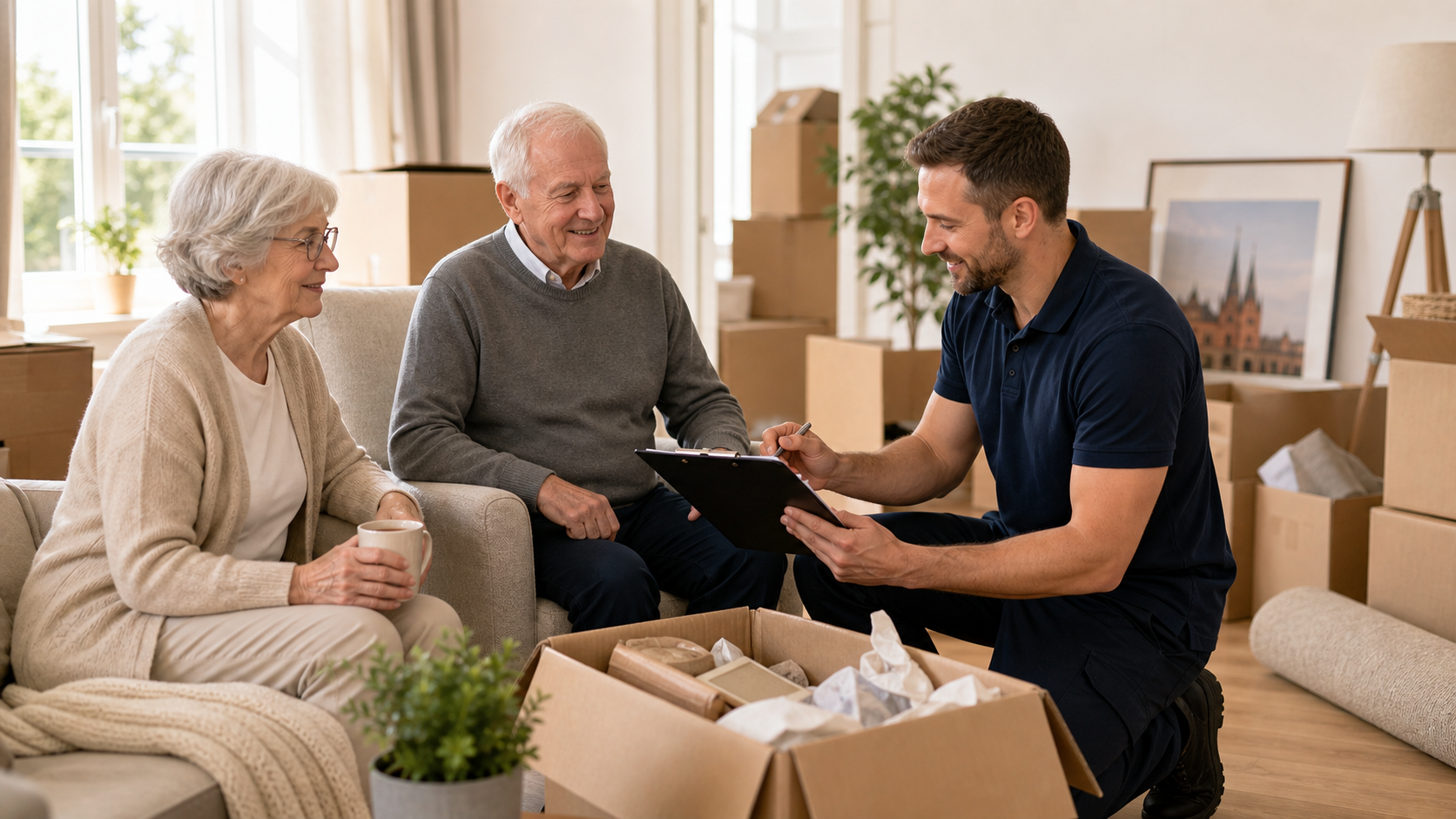Ruhig organisierter Seniorenumzug mit sorgfältig gepackten Kartons und vertrauten Möbeln