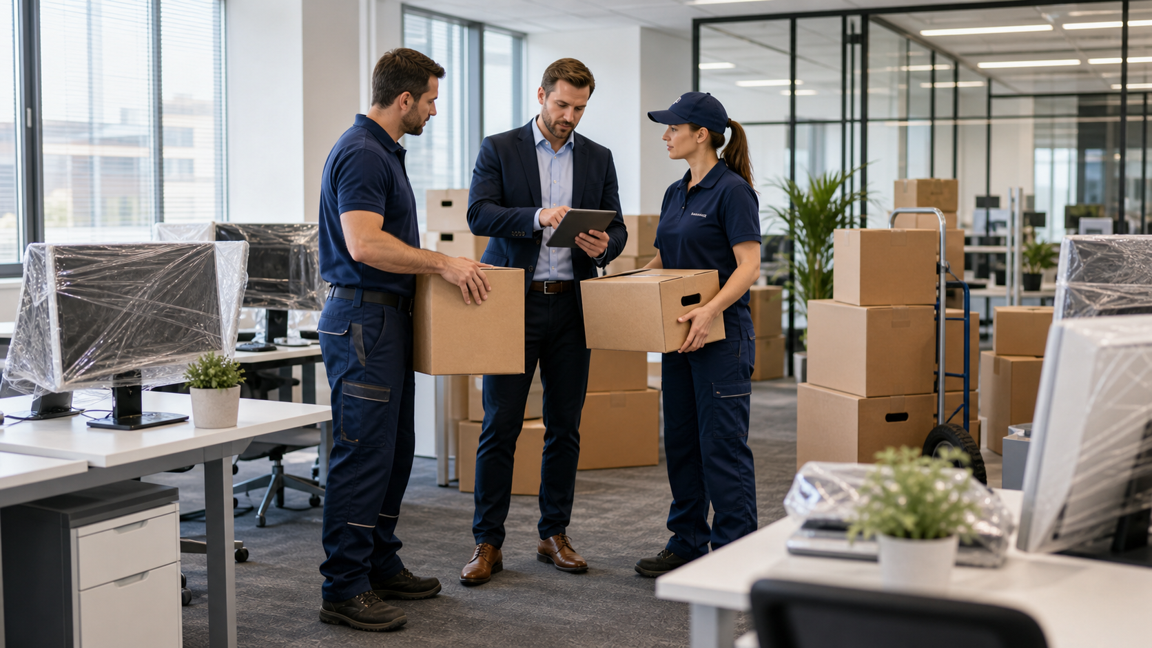 Organisierte Bürokartons und Arbeitsplätze während eines geplanten Firmenumzugs