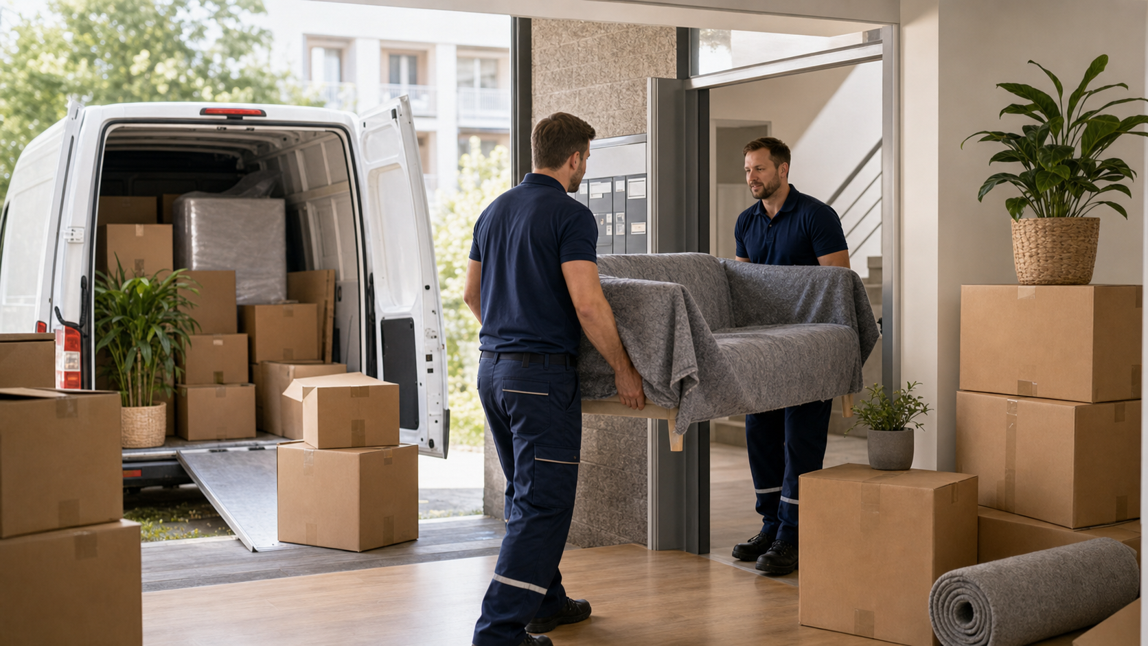 Privater Umzug mit Kartons neben professionell vorbereitetem Umzugswagen