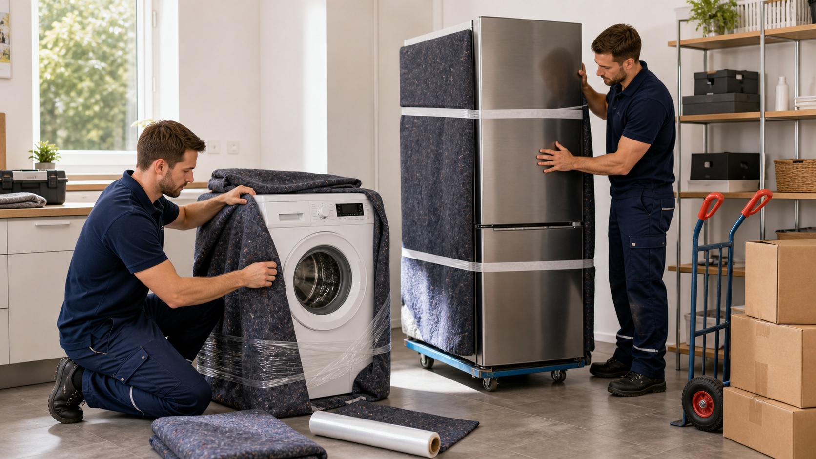 Waschmaschine und Kühlschrank für den sicheren Umzug mit Schutzmaterial vorbereitet