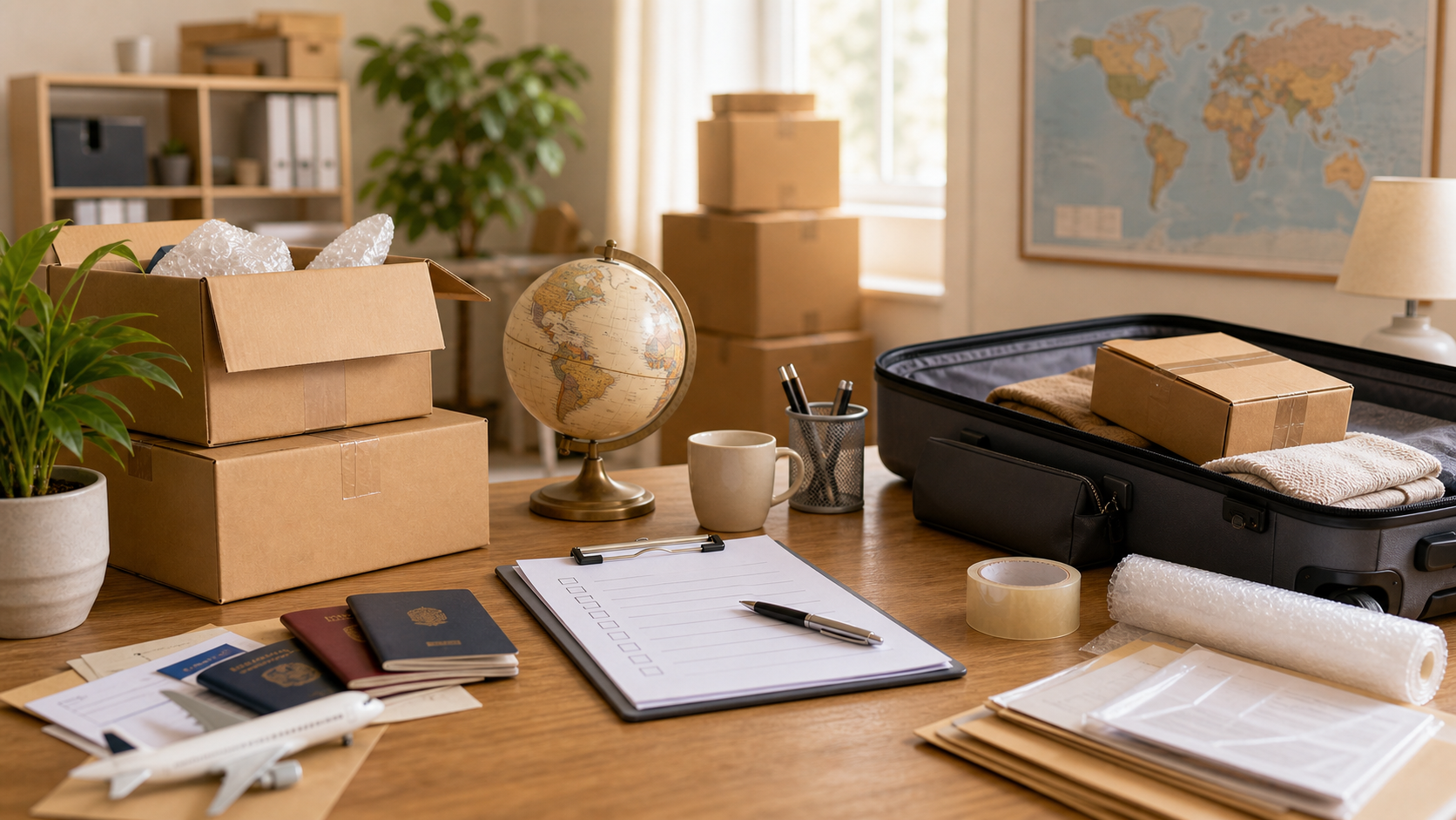 Reisepass, Dokumente und gepackte Kartons für einen internationalen Umzug