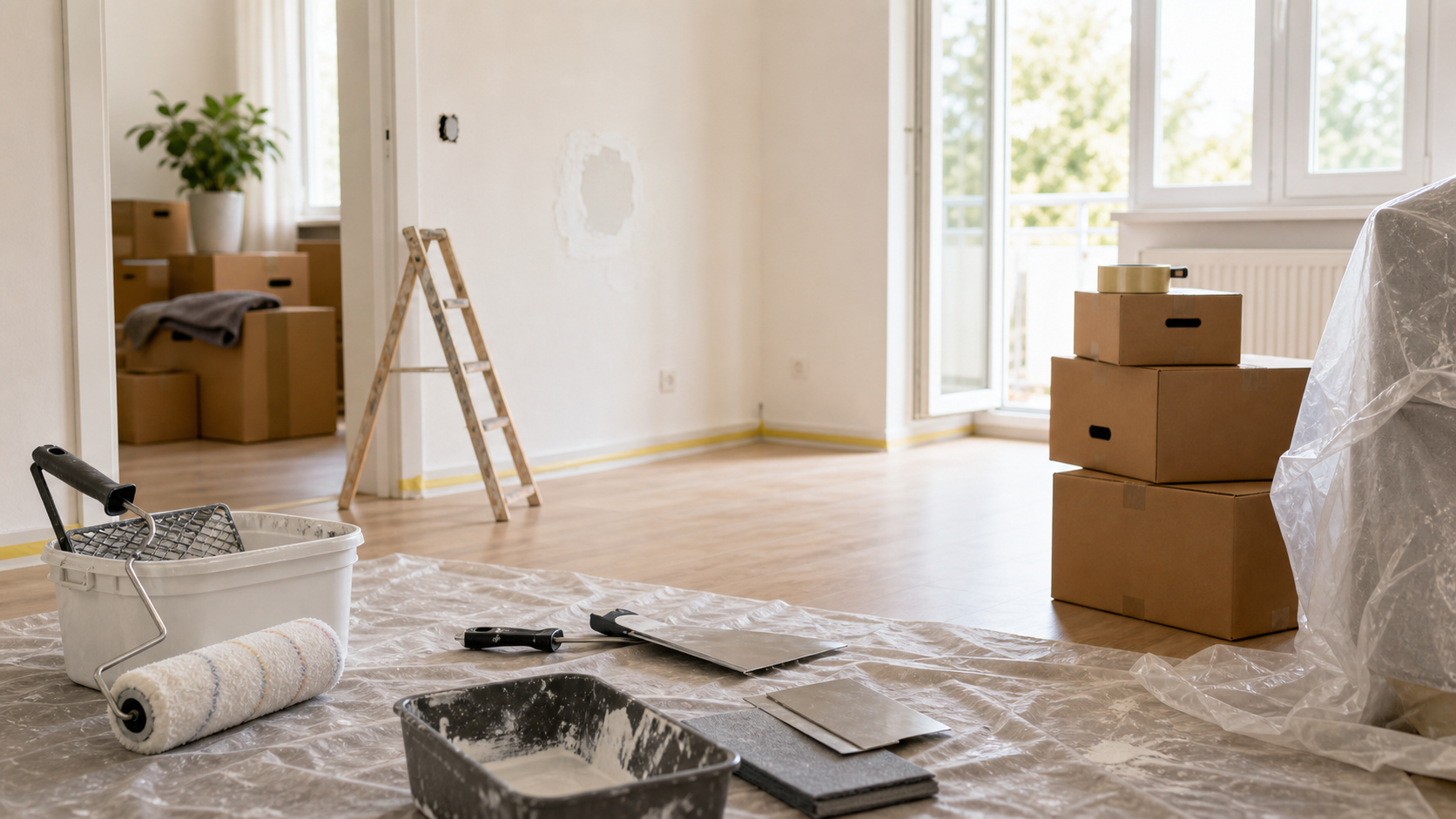 Helle Wohnung mit Malerrolle, Abdeckfolie und Kartons vor dem Auszug