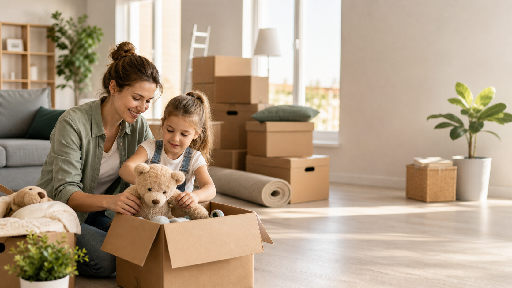 Mutter und Kind packen Spielzeug in einen Umzugskarton in einer hellen Wohnung.